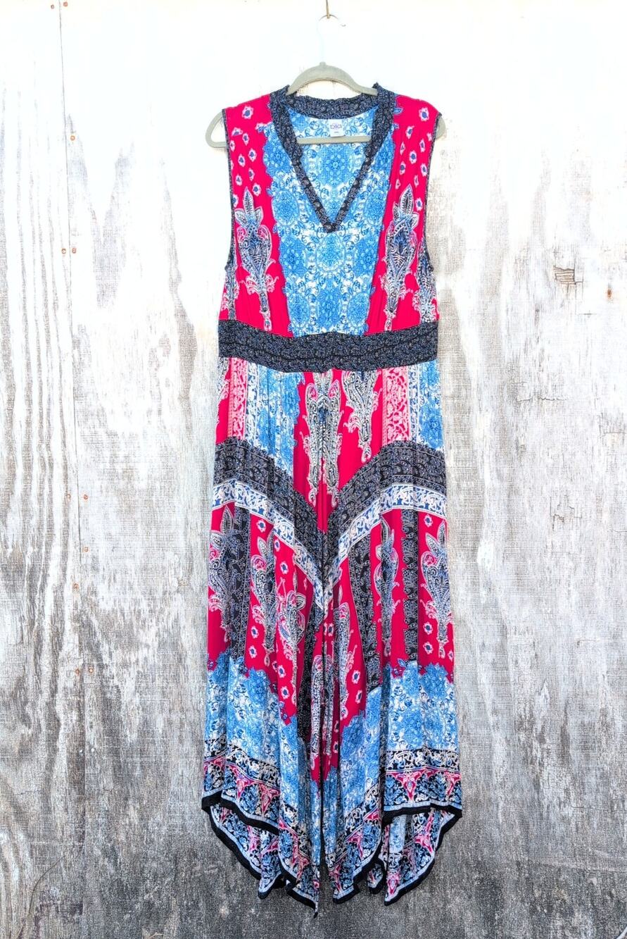 Bila Hankie Hem Boho Gypsy Summer Crepe Maxi Red White & Blue Women's XXL
